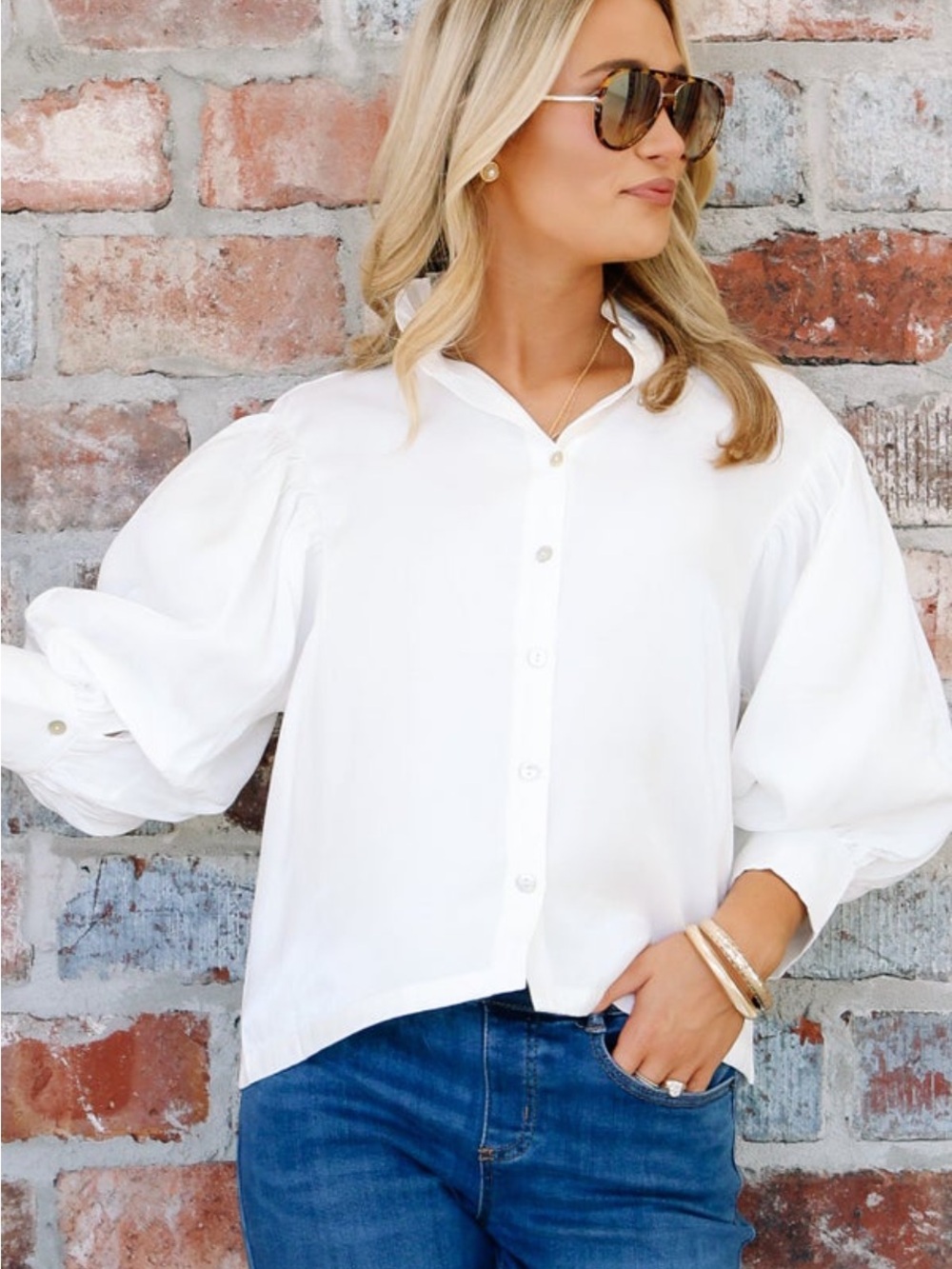glam White Puff-Sleeve Button-Front Shirt